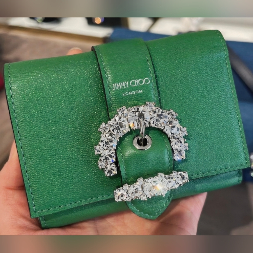 Jimmy Choo Bright Green Wallet with Crystal Buckle FULL INCLUSION